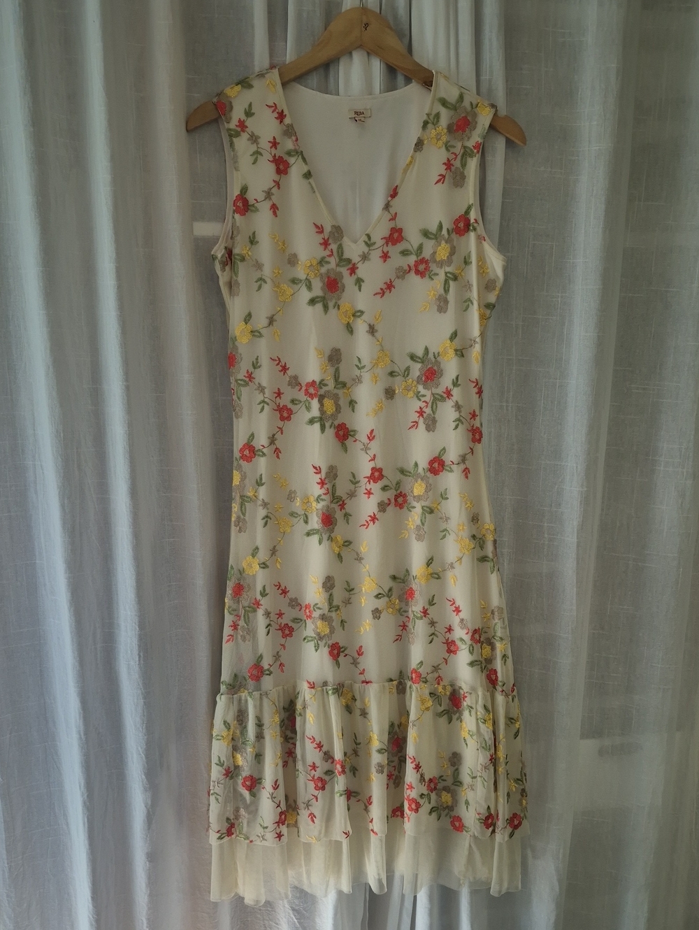 Reba Cream Midi Dress with Red & Yellow Floral Embroidery